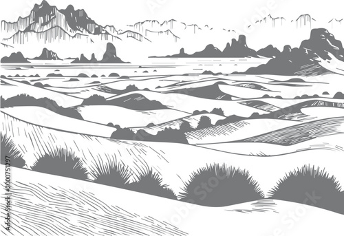 Desert landscape panorama, vector illustration. Line sketch.