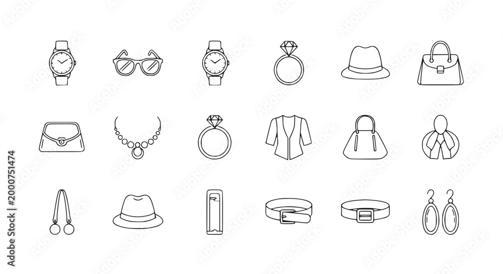 Obraz premium Fashion Accessories Icon Set: Jewelry, Bags, Hats, Watches, Sunglasses