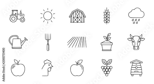 Farm Icons: Tractor, Barn, Sun, Cow, Wheat, Apple, Beehive, Rooster