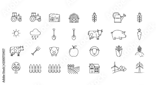 Farming Icons Set: Agriculture and Countryside Line Art