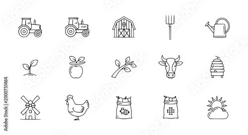 Farming Icons: Tractor, Barn, Pitchfork, Cow, Chicken, Windmill, Apple, Sun