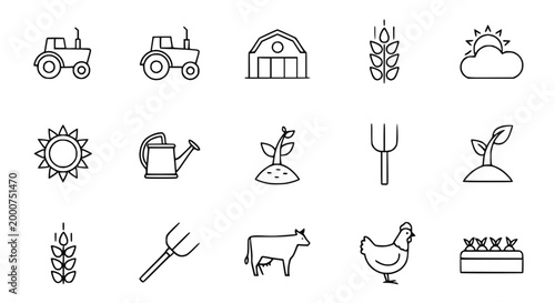 Farming Icons: Tractor, Barn, Wheat, Sun, Cow, Chicken, Plant