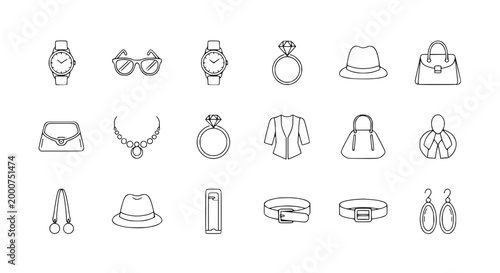 Fashion Accessories Icon Set: Jewelry, Bags, Hats, Watches, Sunglasses