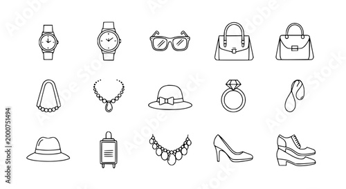 Fashion Accessories Icons Set: Bags, Jewelry, Watches, Hats, Shoes