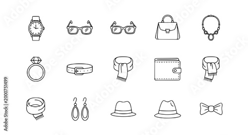 Fashion Accessories Icons: Watch, Glasses, Bag, Jewelry, Belt, Scarf, Hat