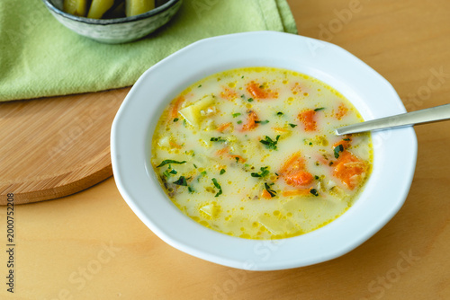 Cucumber soup - traditional Polish soup with pickled cucumbers