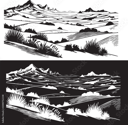 Desert landscape panorama, vector illustration. Line sketch.