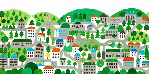 illustration of colorful village with diverse buildings and greenery high quality professional detailed modern elegant