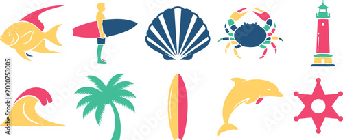Collection of beach and ocean elements silhouette vector illustration with graphic design tropical island water sport surfboard silhouette vector illustration