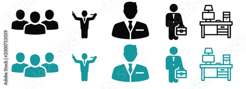 Teamwork and Business People Line Icons Set