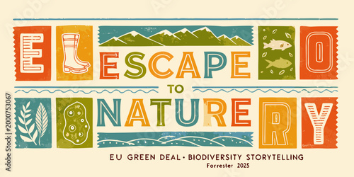 escape to nature banner with colorful typography and nature elements high quality professional detailed modern