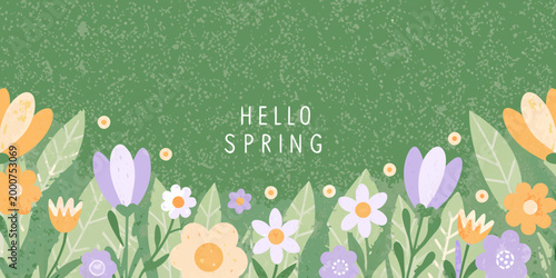 hello spring text with colorful flowers on green textured background high quality professional detailed modern
