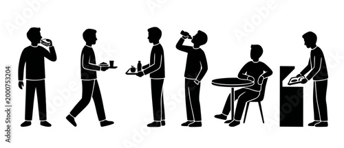People eating lunch icon set, silhouettes of men having food and drinks in cafeteria or canteen, vector collection of restaurant activities for business, school, or office dining canteen concept desig
