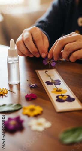 Hands carefully arrange colorful pressed flowers onto a decorative bookmark near a small dropper bottle.