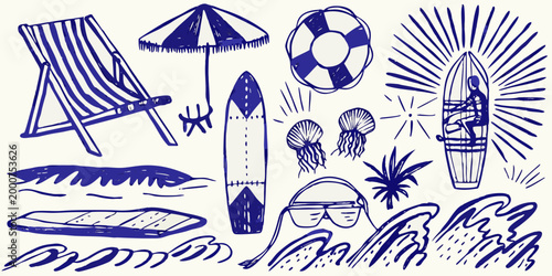 hand drawn beach elements collection in blue ink on white background high quality professional detailed