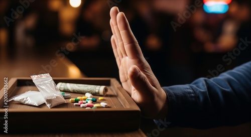 Person's hand stopping pills drugs and money on a tray symbolizing ref