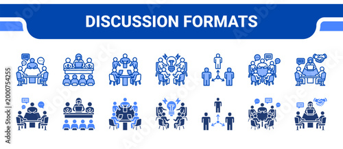 Discussion Formats Icon Collection,  featuring Group Discussion, Panel Discussion, Round Table, Brainstorming, Meetings, Team Meeting, Client Meeting.