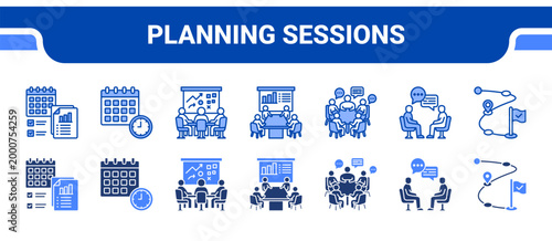 Planning Sessions Icon Collection,  featuring Meeting Plan, Schedule, Strategy Meeting, Business Meeting, Team Meeting, One-on-One, Conference.