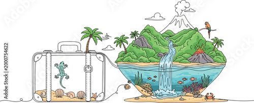 Open suitcase filled with beach sand and shells connects to a vibrant tropical island ecosystem with volcanoes and waterfalls