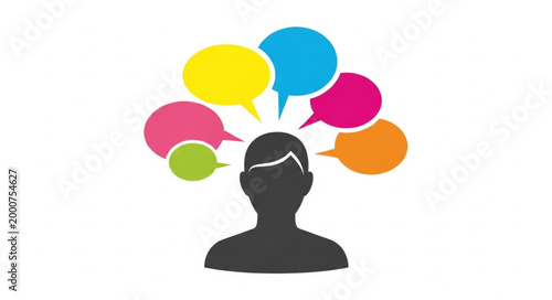 Silhouette of a person with colorful speech bubbles representing thoughts and communication.