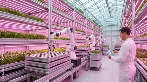Robot Arms Tending Vertical Farm Under Pink LED Lights, Scientist Observing