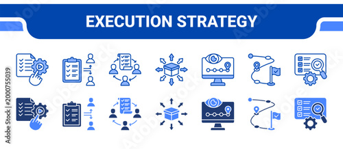 Execution Strategy Icon Collection,  featuring Program Execution, Task Delegation, Task Coordination, Resource Allocation, Activity Monitoring, Milestone Tracking, Program Evaluation.