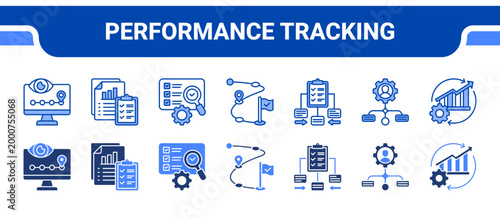 Performance Tracking Icon Collection,  featuring Activity Monitoring, Program Reporting, Program Evaluation, Milestone Tracking, Task Prioritization, Workflow Alignment, Process.