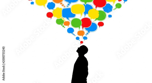 Silhouette of a person with colorful thought bubbles emerging from head.