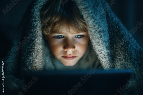 Kid watching screen under blanket in dark room