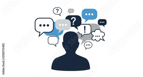 Silhouette of a person with many speech bubbles and question marks above their head symbolizing communication and thought.