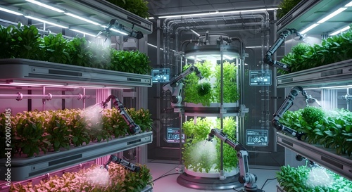 Futuristic Indoor Vertical Farm with Robotic Harvesters