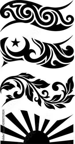 Collection of black tribal tattoo designs spirals flames floral and sunburst motifs