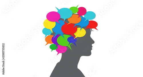 Silhouette of a persons head filled with colorful speech bubbles representing thoughts and communication.