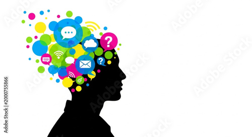 Silhouette of a persons head with colorful social media icons and symbols exploding outwards.