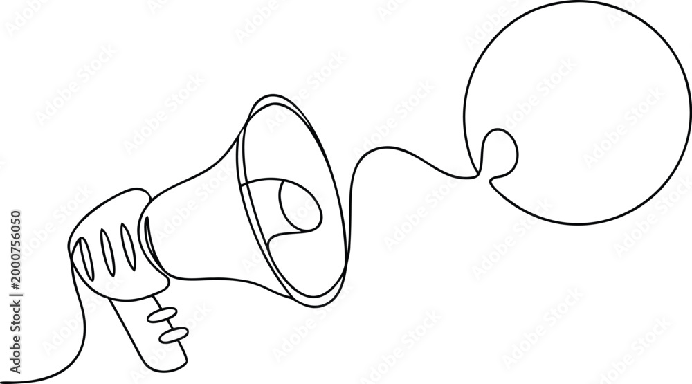 Obraz premium Megaphone and speech bubble continuous line vector for communication and public marketing.