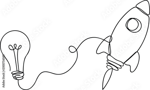 Light bulb linked to rocket by continuous line, symbol of forward-thinking concepts.