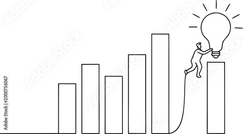 Minimalist continuous line art of businessman climbing bar chart towards bright lightbulb.
