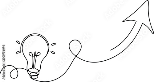 Minimal one line illustration of light bulb transforming into rising arrow for innovation.