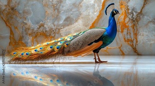 Peacock walking elegantly across a reflective white floor in an isolation chamber 