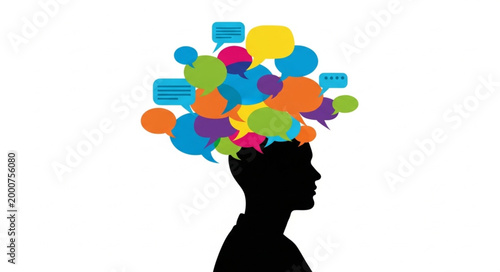 Silhouette of a persons head with colorful speech bubbles representing thoughts and communication.