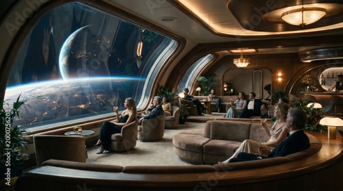 Luxury Space Station Lounge with Earth View and Passengers