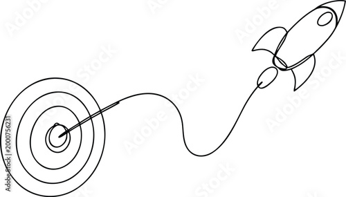 One line drawing showing target and rocket ship representing goal achievement and success.