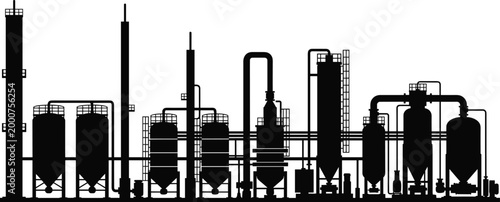 Industrial refinery plant with storage tanks and pipeline network, chemical processing factory infrastructure silhouette vector illustration for energy and manufacturing concept