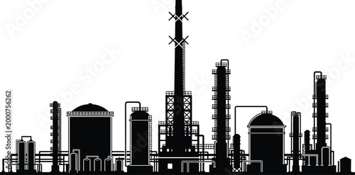 Industrial refinery plant with storage tanks and distillation towers, pipeline network and energy production facility silhouette vector illustration isolated on white
