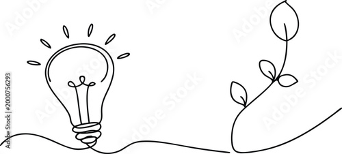 single continuous line drawing light bulb with radiating rays and growing plant.