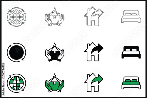 Global Logistics & Home Relocation 12 Icons Pack, Editable Stroke - Modern Shipping, Property Transfer, and Furniture Service Icon Set