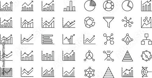 Minimalist data visualization icon set with bar charts, line graphs, pie diagrams, funnels, pyramids, and network structures