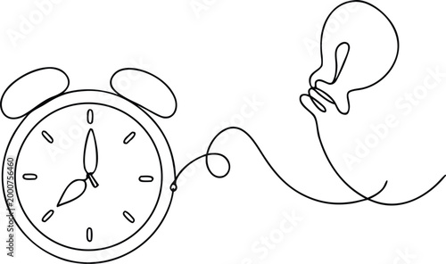 Alarm clock linked to light bulb in single line drawing style depicting time and innovation.