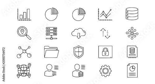 Data Analysis Icons: Charts, Cloud, Security, Network, Database, User