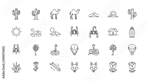 Desert Icons: Cactus, Camel, Scorpion, Snake, Skull, Sun, Rose